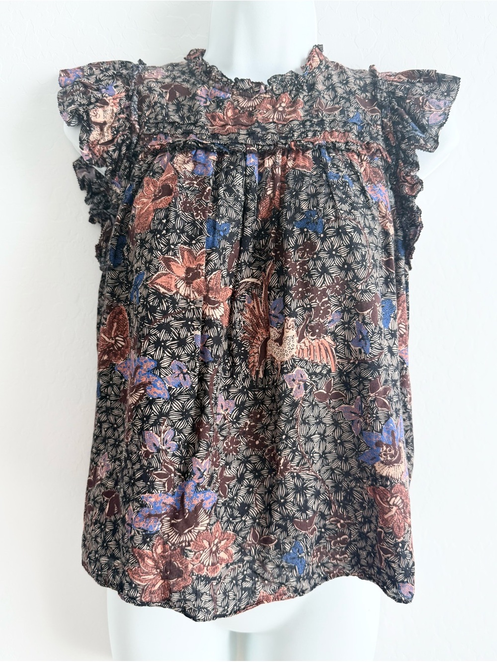 Ulla Johnson Printed Smocked Nexk Cap Sleeve Top